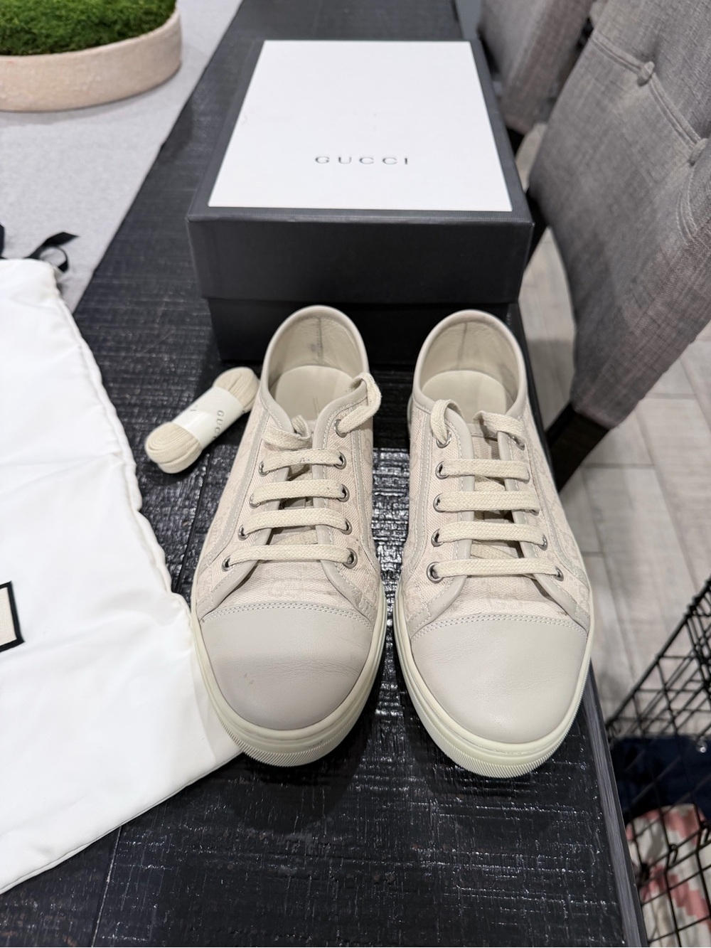 Gucci Beige/Cream Lace-Up Low-Top Sneakers